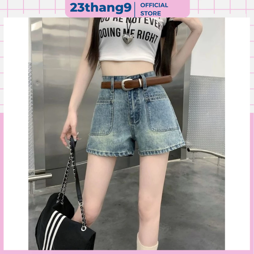 Quần short jean nữ , quần sooc bò màu xanh ống rộng lưng cao phối túi trước phong cách hàn quốc basic 99