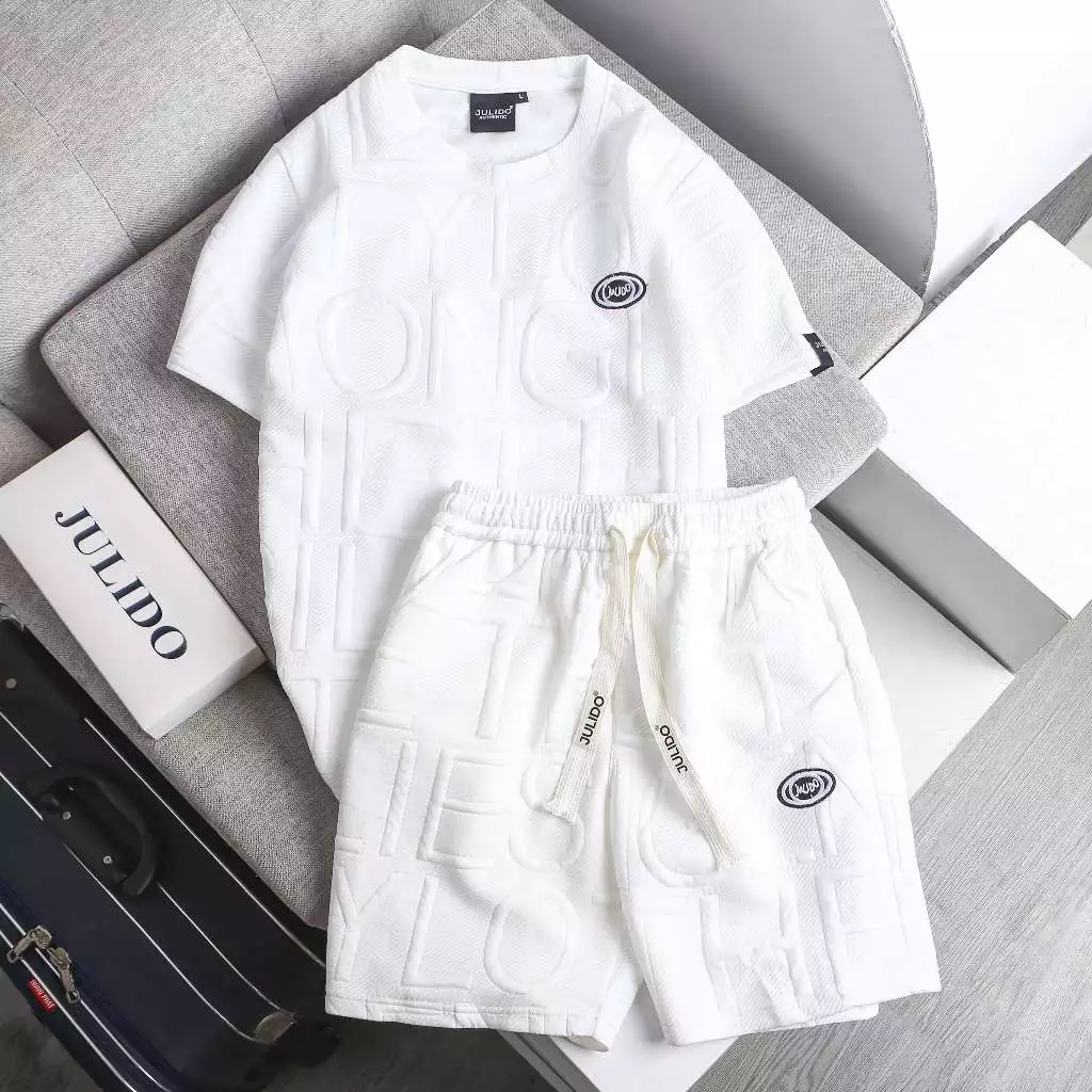 Bộ xốp nam nữ JULIDO áo tay ngắn quần short dáng rộng thời trang logo thêu