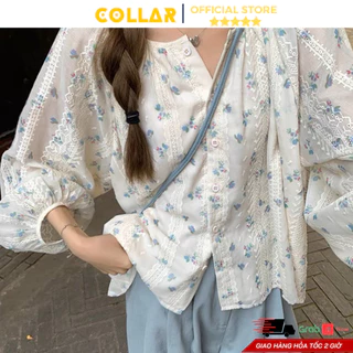 Áo sơ mi nữ COLLAR tay dài phối hoạ tiết hoa nhí xanh mặc đi chơi, du lịch