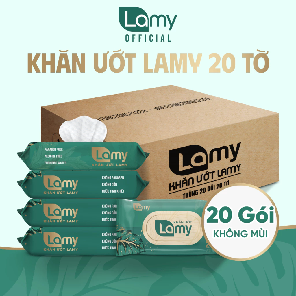 Thùng 20 gói khăn ướt Lamy cao cấp cho bé gói 20 tờ không mùi không cồn không parabens tiết kiệm