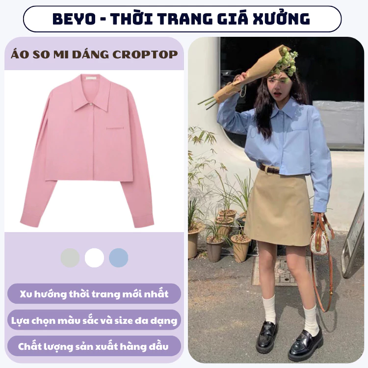 Áo sơ mi Beyo tay dài dáng ngắn sơ mi trơn croptop cổ đức thời trang Hàn Quốc FG046