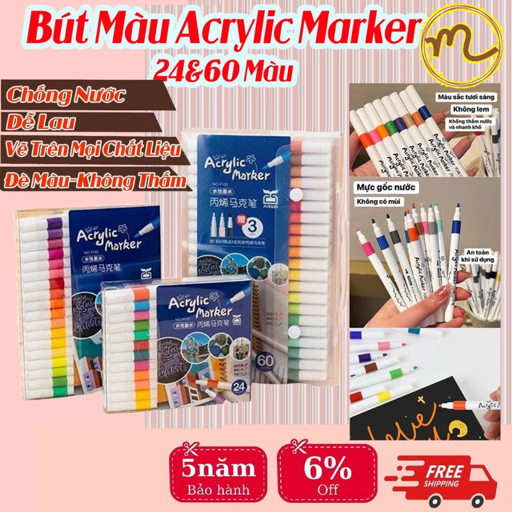 Bút Màu Acrylic Marker 24/60 Cao Cấp chuẩn hãng Màu Sắc Tươi Sáng dành cho mọi lứa tuổi.