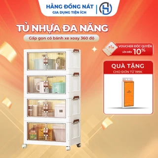 Tủ nhựa đa năng gấp gọn tiện lợi, tủ để đồ bánh xe xoay 360 độ cánh cửa hút nam châm Hằng Đồng Nát