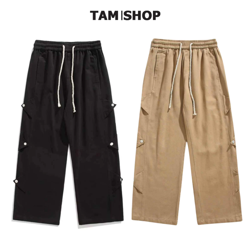 Quần ống rộng nữ nam thể thao ,quan dài kaki jogger dài phối 6 nút sườn unisex, cạp lưng thun suông dài - k1
