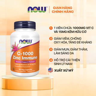 Viên uống kẽm và vitamin C Now C-1000 Zinc Immune (90 viên) hỗ trợ giảm mụn, mờ thâm, tăng đề kháng