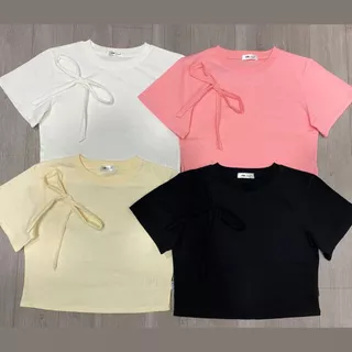 Áo thun croptop FMSTYLE nữ cổ tròn đính nơ vải thun cao cấp form dáng siêu dễ thương Freesize 24041509