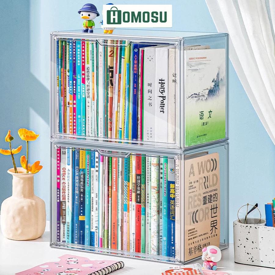 Hộp Đựng Sách Để Bàn, Hộp Bảo Quản Sách Có Thể Xếp Chồng, Chống Bụi, Nhựa Mica Trong Suốt Cao Cấp HTS024