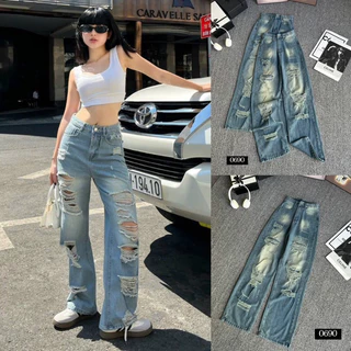 Quần jean nữ ống rộng dáng suông dài wash rách te tua 2 bên năng động strees style - Jean m7