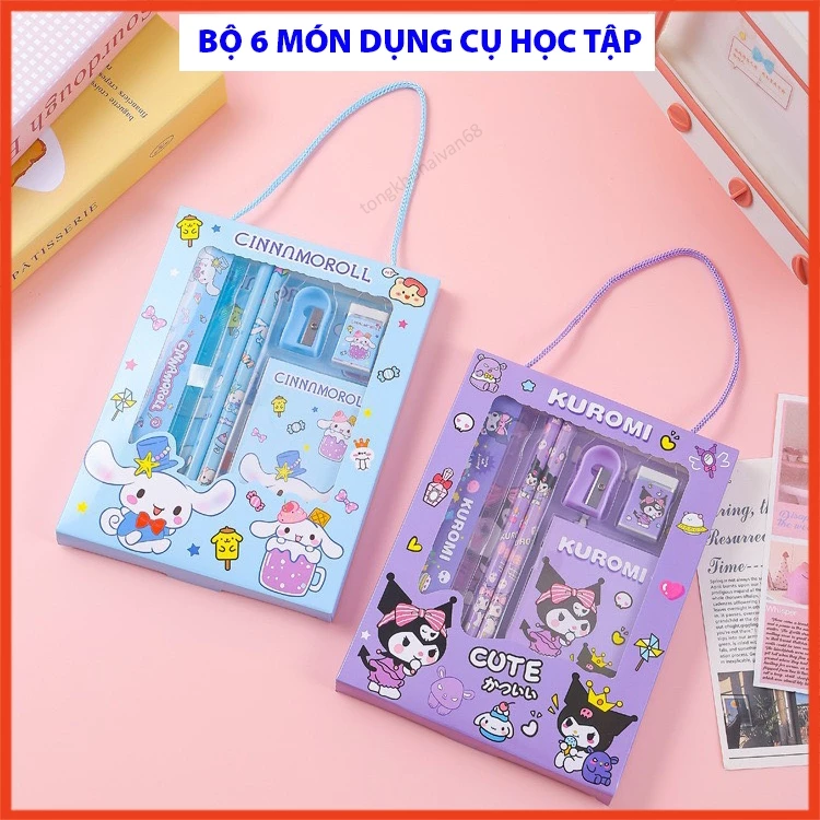 Bộ Dụng Cụ Học Tập Hộp Giấy Có Quai Xách 6 Món Plus  Cute, Gồm Thước Kẻ + 2 Bút Chì + Tẩy + Gọt Bút Chì + Sổ Ghi Chép
