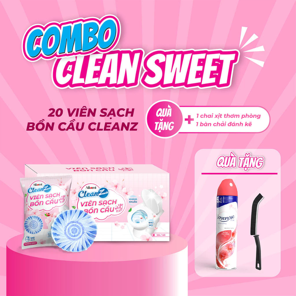 Combo SWEETCLEAN Viên sạch bồn cầu CleanZ 20 viên - Tặng 01 Chai xịt thơm phòng Lovenose và 01 Bàn chải đánh kẽ