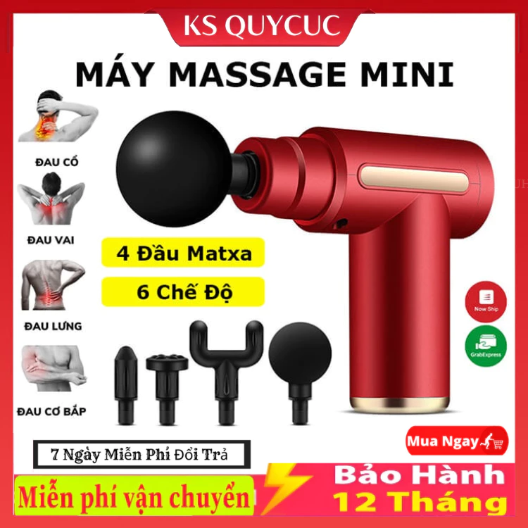 Máy massage cầm tay mini - Súng massage cầm tay đấm lưng mát xa trị liệu cổ vai gáy 4 đầu 6 chế độ, hàng tốt.