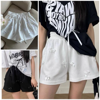 Quần short Đính Nơ Dễ Thương .Quần đùi Nữ Form Rộng cotton Ulzzang