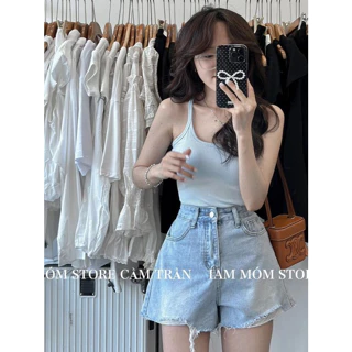 Quần short ngắn bò jeans rách tua rua in hình nơ to túi sau cạp cao hack dáng ulzzang Hàn Quốc