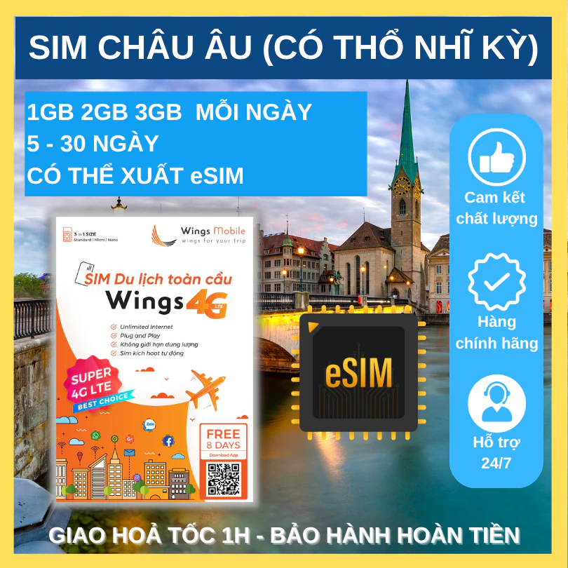 SIM eSIM du lịch Châu Âu tốc độ cao 5 7 8 10 15 30 ngày (bao gồm Thổ Nhĩ Kỳ) mạng 5G không giới hạn