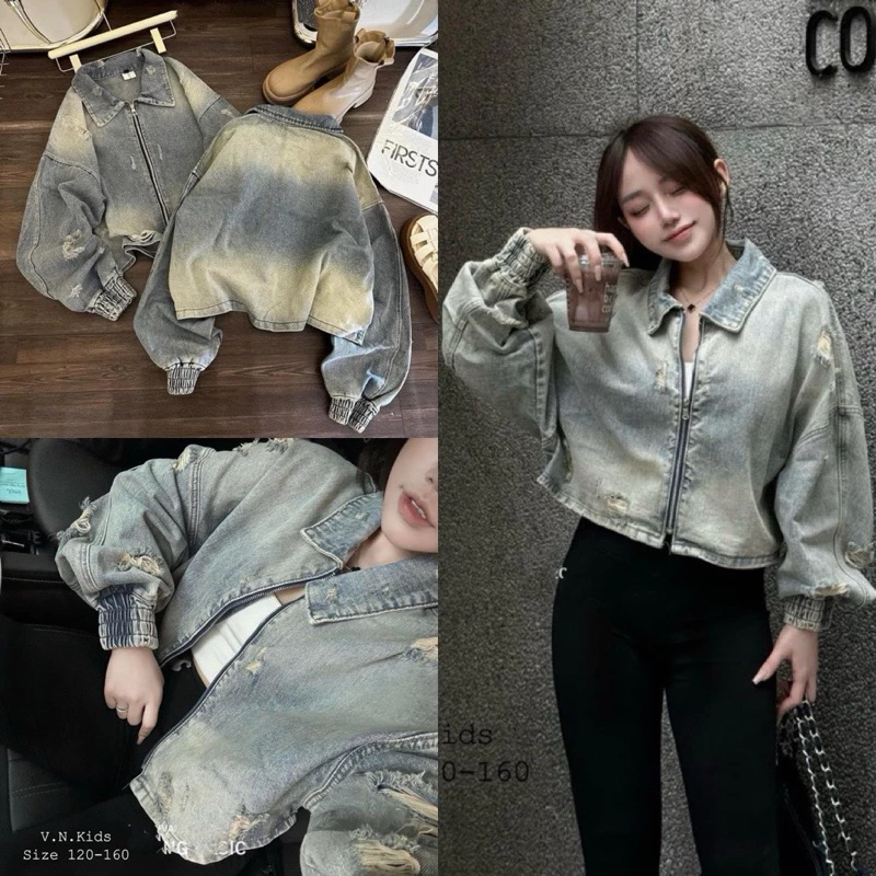 Áo khoác bò nữ rách loang màu tay bo chun khoá kéo phong cách Hàn Quốc