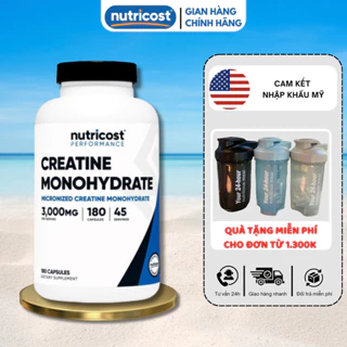 Viên uống tăng cơ Nutricost Pure Creatine Monohydrate Micronized 3000mg hỗ trợ tăng sức mạnh, gia tăng sức tập
