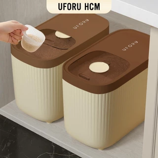Thùng đựng gạo nắp trượt chống ẩm màu kem UFORU chất liệu nhựa PP, PET dung tích 5kg, 10kg, 15kg - UF309