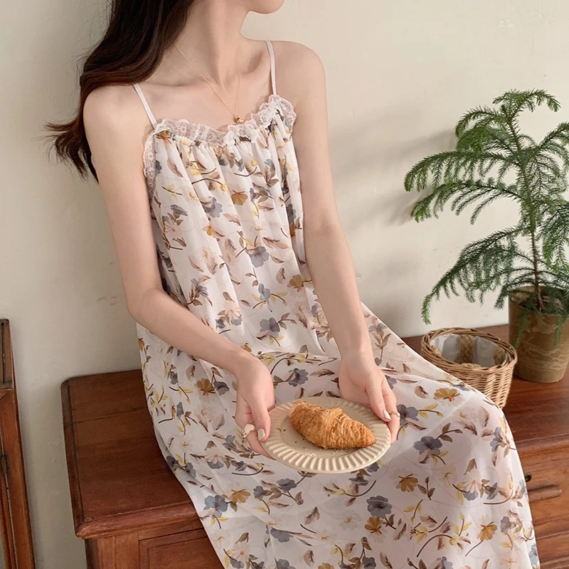 Váy ngủ 2 dây váy đầm ngủ mặc ở nhà chất voan sling mềm mại xinh tươi phong cách Hàn Quốc