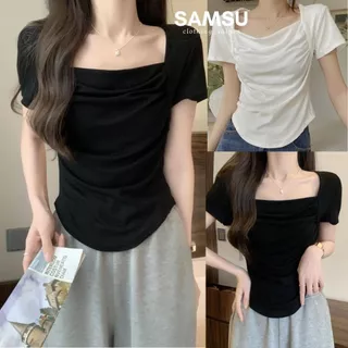 Áo thun nữ tay ngắn cổ vuông vạt bầu nhún ngực phong cách Hàn Quốc chất thun gân co dãn Samsu.clothing_saigon