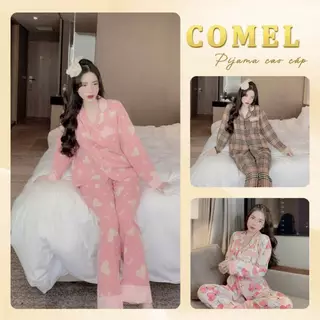 Đồ bộ ngủ lụa mango pijama nữ áo cổ phối tay dài mặc nhà dễ thương - COMEL