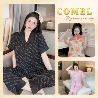 Đồ bộ pijama ngủ nữ lụa mango áo cộc cổ sen quần dài M02 mặc nhà dễ thương Freesize 35-58kg - COMEL