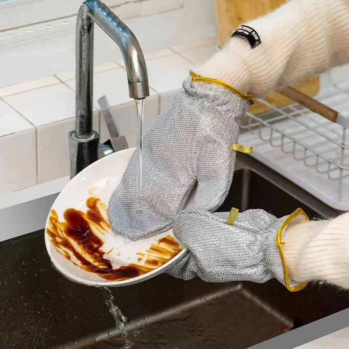2 Cái Găng Tay Rửa Chén SỢI CƯỚC BẠC Dày Dặn Cách Nhiệt Chống Thấm Nước - Găng Tay Loại Bỏ Rỉ Sét - Dây Thép Tạo Bọ