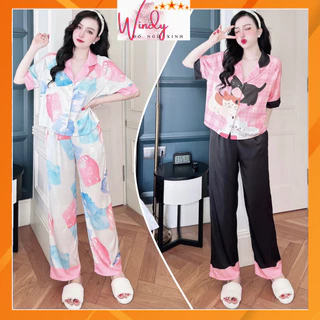 Đồ bộ mặc nhà Pijama form crop siêu sang tay ngắn quần dài, chất vải lụa latin in 3D- Freesize dưới 60kg