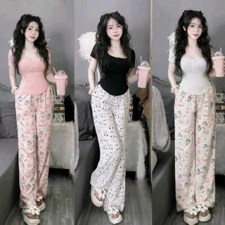 Set Áo Thun Croptop Baby tee Cúc Ngực Vạt Bầu+ Quần Ống Suông In hình Nhiều Màu Ulzzang