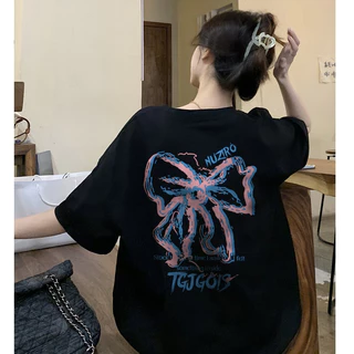 2024 vintage Đen Hàn Quốc Áo phông nữ form rộng nơ in hình cổ tròn áo thun 100%cotton focus tay lỡ local brand