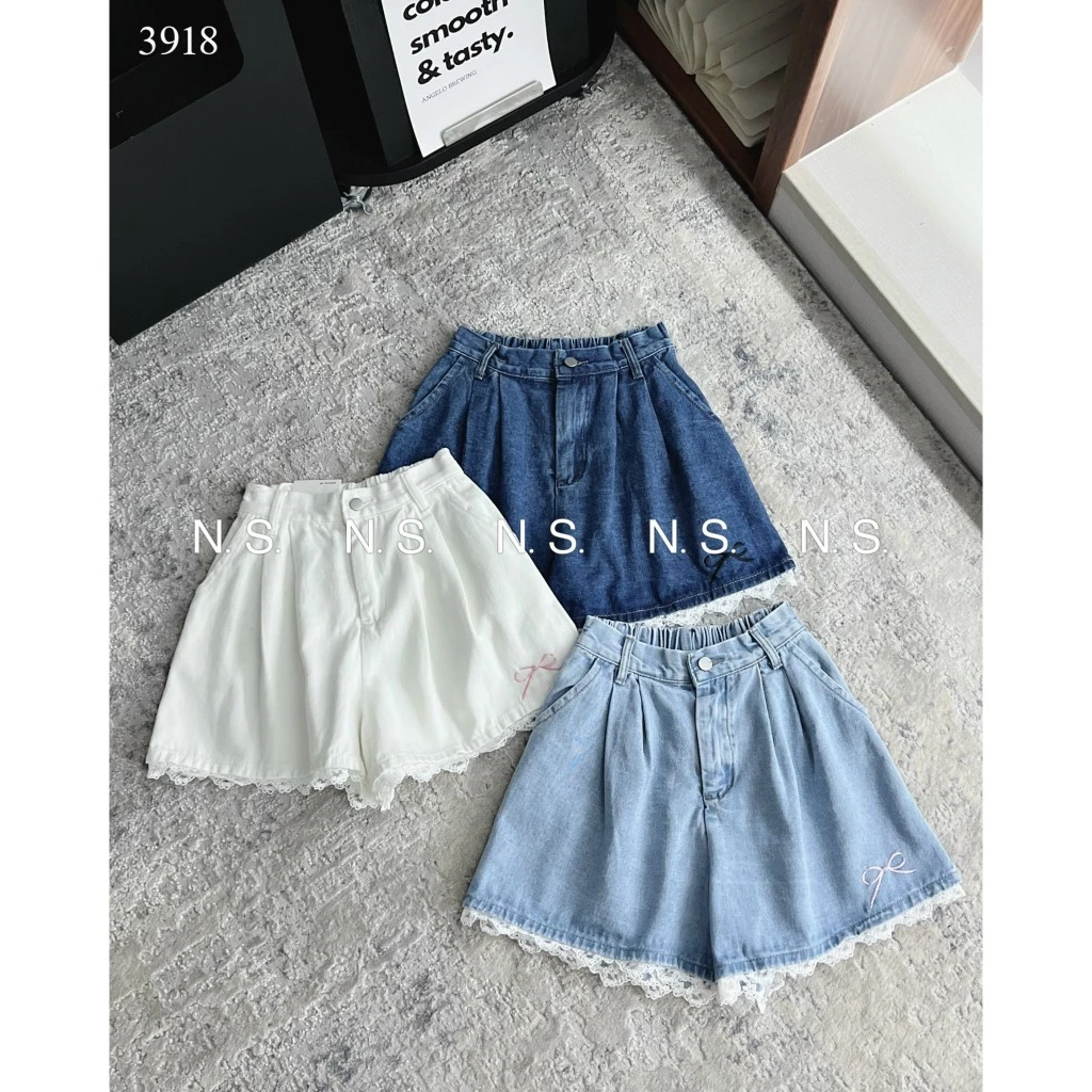 [Follow shop nhận mã 10k] Quần short sooc jean denim bò nơ gấu ren cạp pha chun HiNa QCCC QCL1 QS0197 #3918