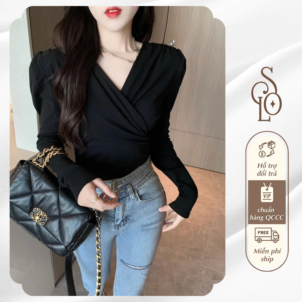 Áo crop nữ dài tay cổ tim xoắn ngực - chất thun len Fom Ôm Freesize Chất Mát Co giãn SONLUXURY A17