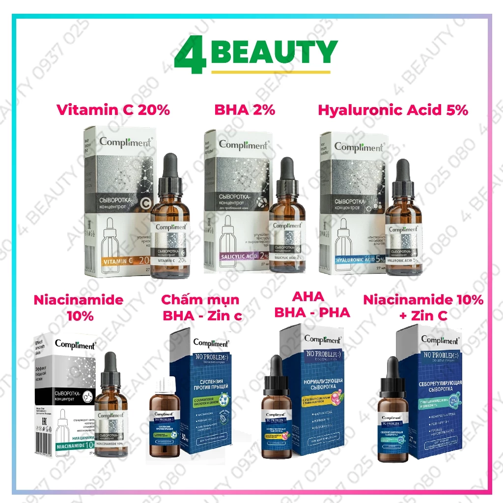 Serum Compliment Dưỡng Trắng Cấp Ẩm Làm Sạch Sâu Căng Bóng Da - Vitamin C 20%, HA 5%, Salycilic Acid 2%- 27ml