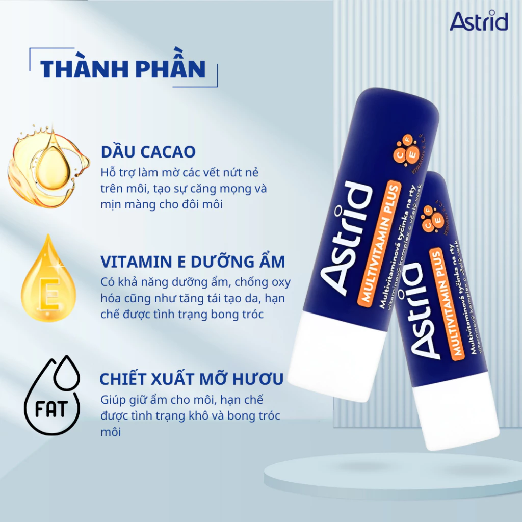 Son Dưỡng Môi Mỡ Hươu Astrid Multivitamin tẩy da chết  tái tạo môi mềm, dưỡng ẩm căng mọng trắng và xanh