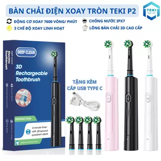 Bàn Chải Đánh Răng Điện Xoay Tròn Cao Cấp TEKI P2 Kèm 4 Đầu Bàn Chải 3 Chế Độ Làm Sạch Xoay 45 Độ Sạc TYPE C Tiện Lợi