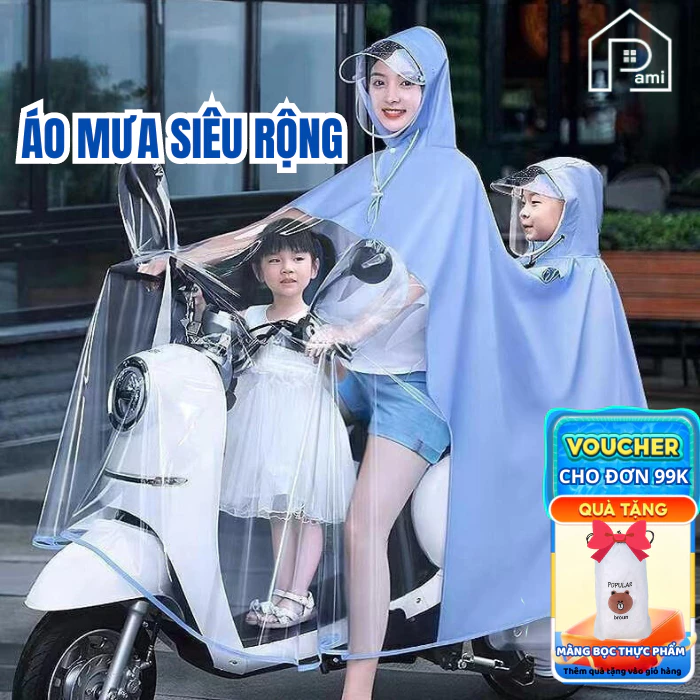Áo mưa Pami nửa trước trong suốt cho Mẹ và Bé, che phủ toàn thân, kèm kính chắn mưa.