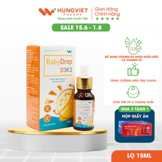 Siro Baby Drop D3K2 cho trẻ từ 0 tháng tuổi thiếu Vitamin D, còi xương, thiếu canxi do kém hấp thụ HungViet Pharma 15ml