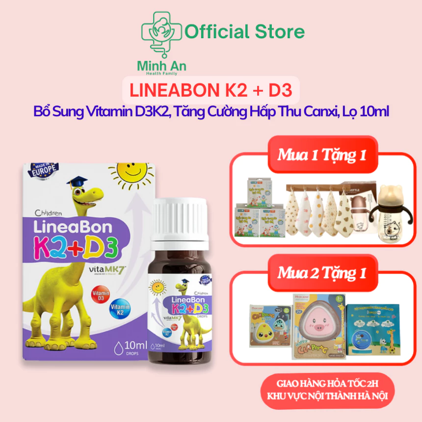 Lineabon K2 D3  Bổ Sung Vitamin D3 K2 Tăng Cường Hấp Thu Canxi Tối Đa Trẻ Cao Lớn Khỏe Mạnh, Hộp 10ML