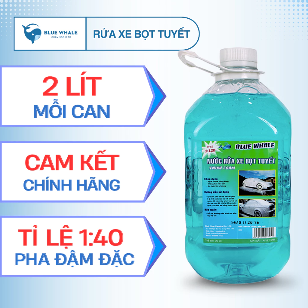 Nước rửa xe bọt tuyết đậm đặc BlueWhale 2 lít, pha tỉ lệ 1:40, sử dụng với máy tạo bọt tuyết trắng