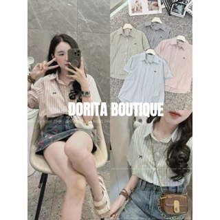 ÁO SƠ MI CỘC TAY KẺ SỌC TO THÊU NƠ VẢI ĐŨI MÁT SIÊU HOT DORITA BOUTIQUE