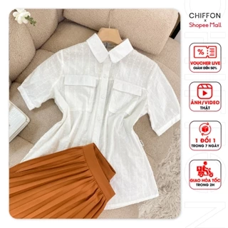 Áo sơ mi nữ cộc tay chất thô đũi mát thiết kế Chiffon