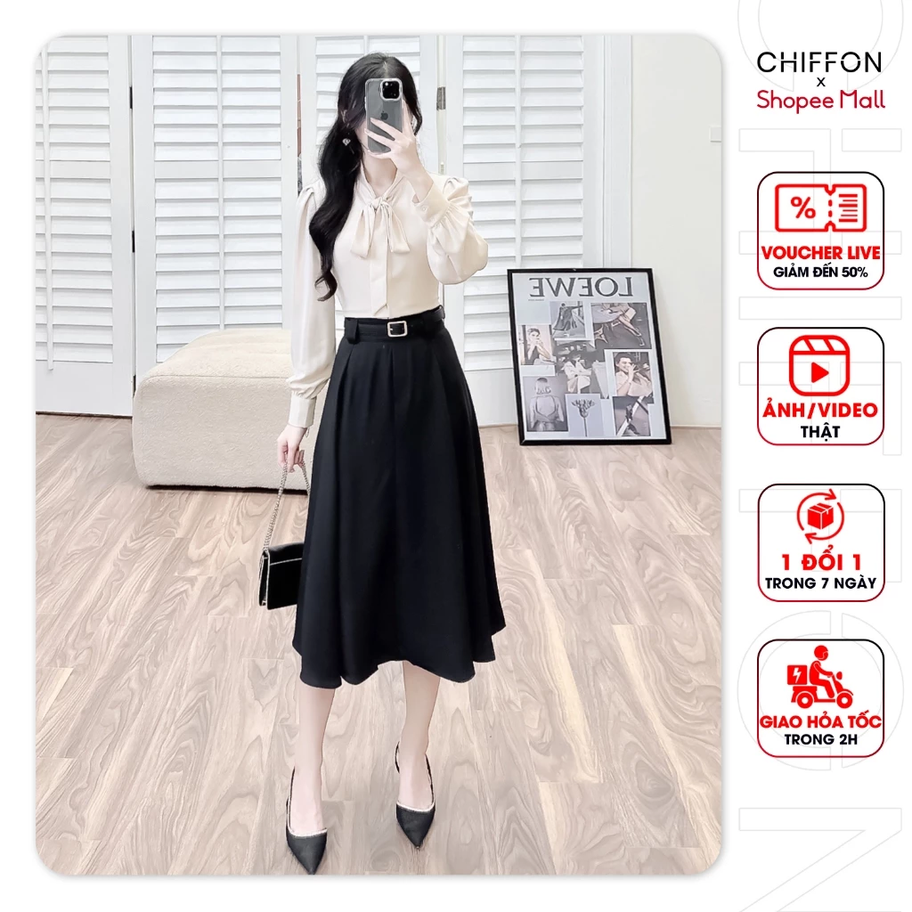 Chân váy xòe nữ phối cạp cao cấp Chiffon