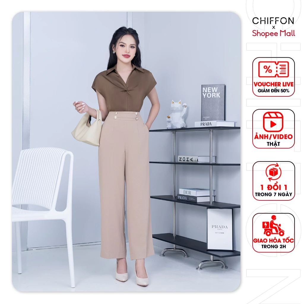 Quần suông ống đứng phối 4 cúc Chiffon