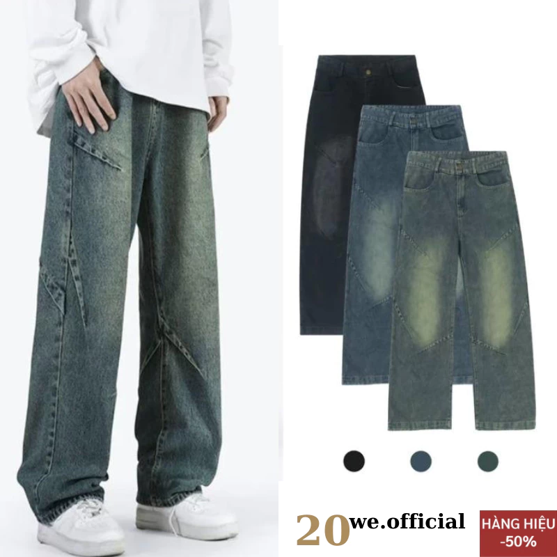 Quần Jean Nam Wash Retro Form Suông, Quần Bò Floating Line Chất Denim Mềm Mịn Thoáng Mát 20We
