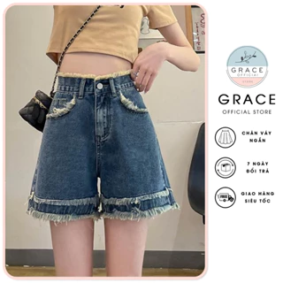 Quần short jean nữ, quần đùi ngắn tua gấu ống rộng phong cách Hàn Quốc chất loại 1 Grace - QN04