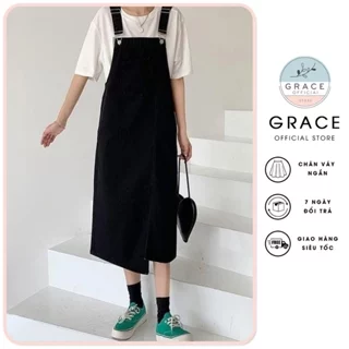 Yếm jean nữ, yếm váy dáng dài xẻ trước phối túi trước ngực nữ tính dịu dàng Grace - QY02