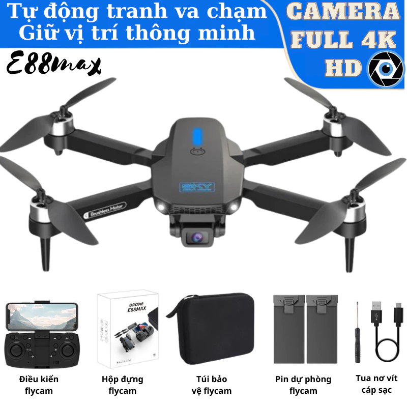 Flycam E88 max, Flaycam động cơ không chổi than, Camera HD, Cảm biến tránh va chạm 360 độ
