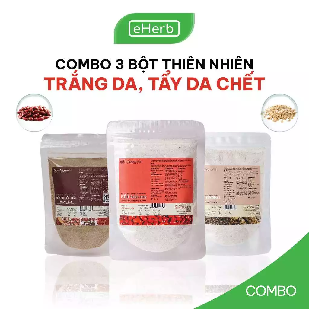 Combo 3 Bột Đắp Mặt Nạ Trắng Da, Giảm Thâm Đậu Đỏ, Yến Mạch, Thuốc Bắc MILAGANICS 100gr/ Túi Zip