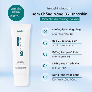 Kem chống nắng Inoskin B3+ SPF 50+ PA++++ nâng tone kháng nước bảo vệ lớp trang điểm