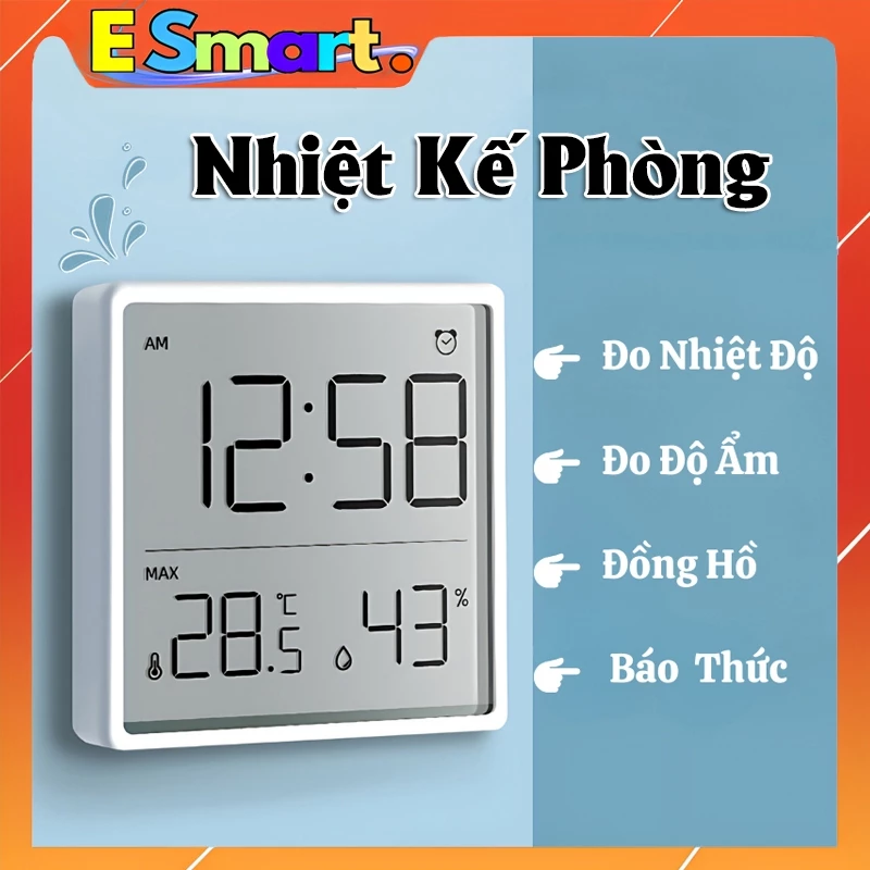 Nhiệt Kế Phòng Đa Năng Esmart Kiêm Đồng Hồ Báo Thức, Màn Hình LCD Siêu Mỏng Hiển Thị Nhiệt Độ, Độ Ẩm Tiện Lợi Tiện Dụng