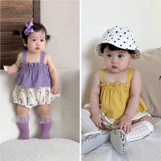 Bộ bodysuit hai dây vải xô muslin kèm turban cho bé gái, set bộ body chip áo liền quần trẻ sơ sinh từ 5-13kg